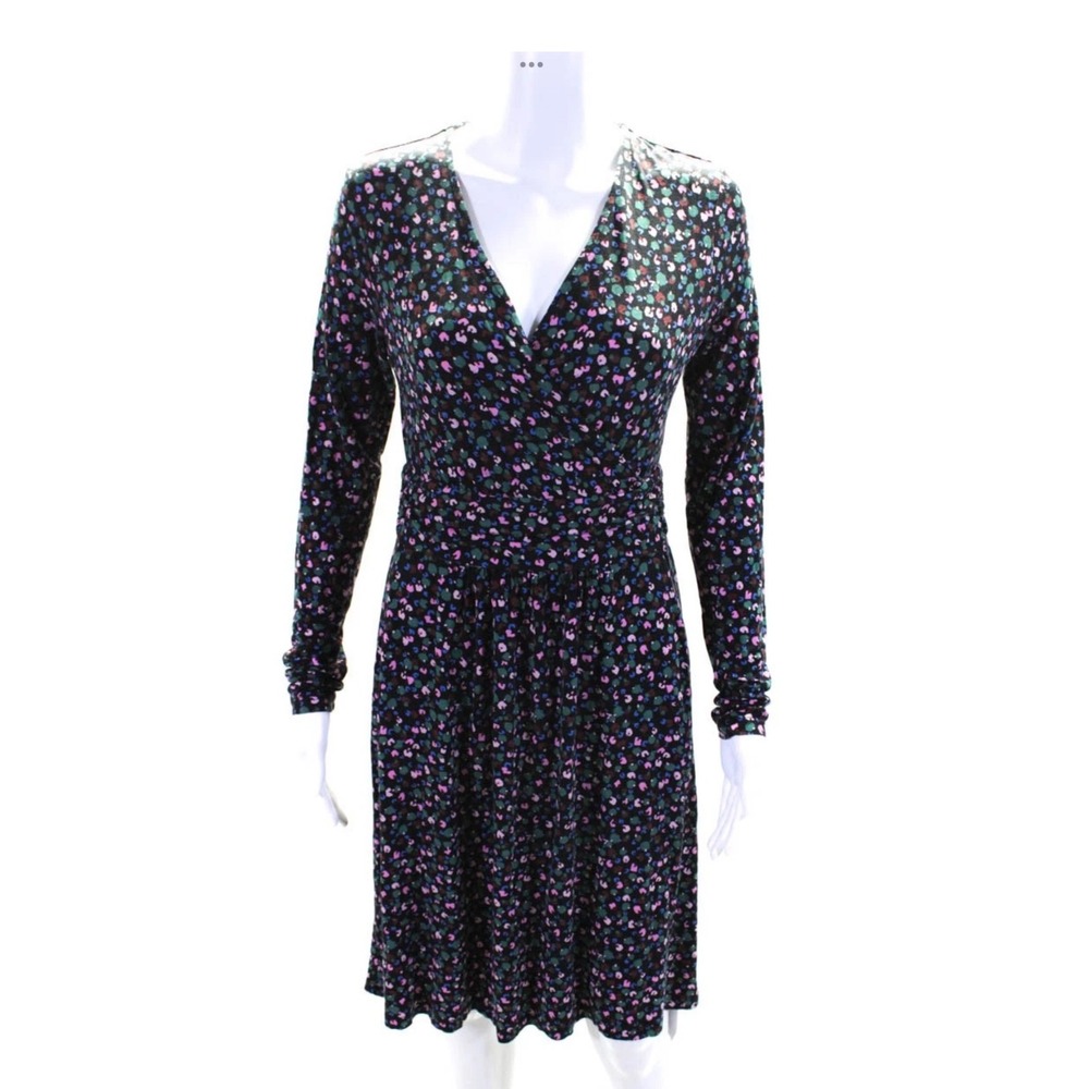 Boden Women's Floral Print Wrap Dress Size 4 Black Multicolor Long Sleeve V-Neck